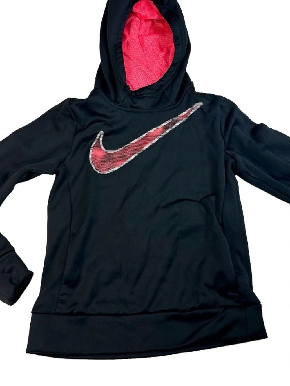 NIKE Hoodie Girls Pink Black Dri-Fit Hooded Sweatshirt Swoosh Size S
